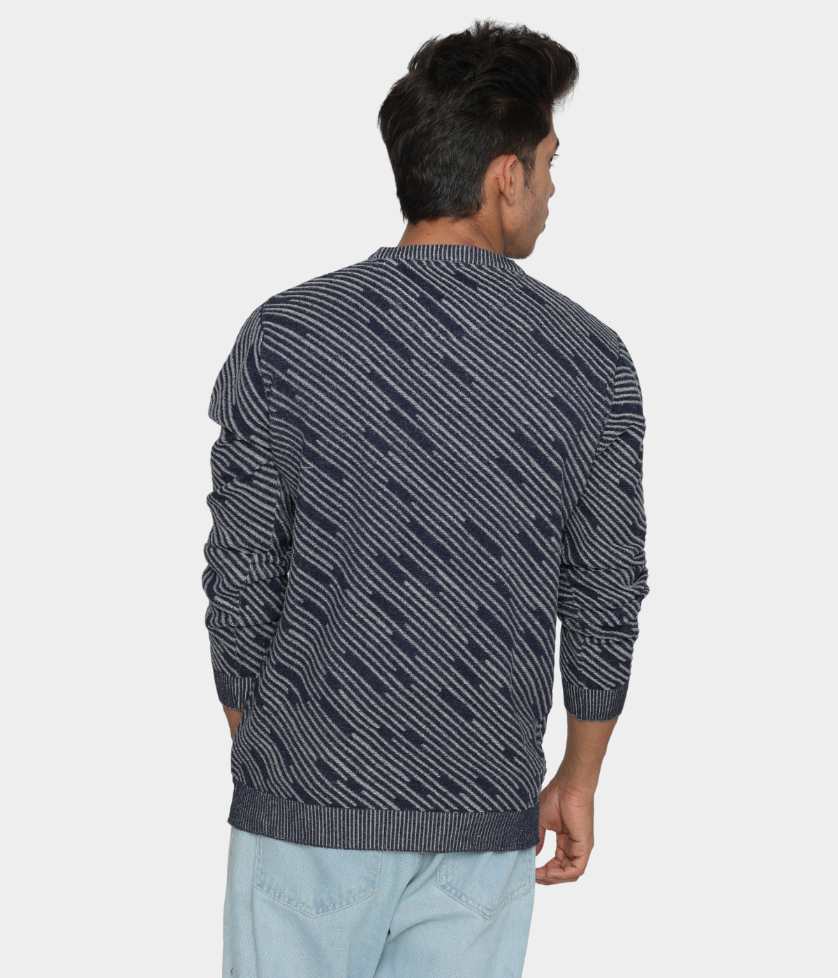 Navy with Grey Structured strips Denim Finished Jacquard Knitted T-Shirt