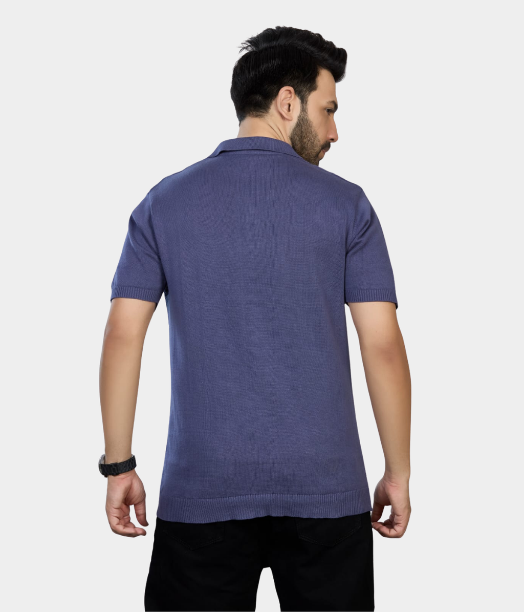 Washed Navy Cotton Knitted Polo T-Shirt