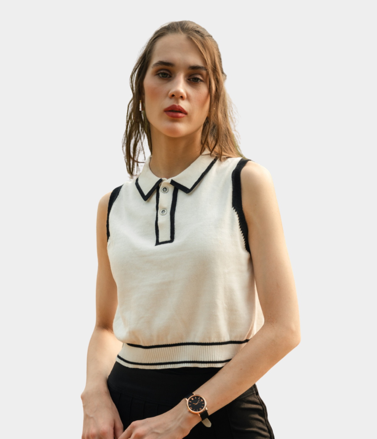 Off-White Sleeveless Polo Knitted Top