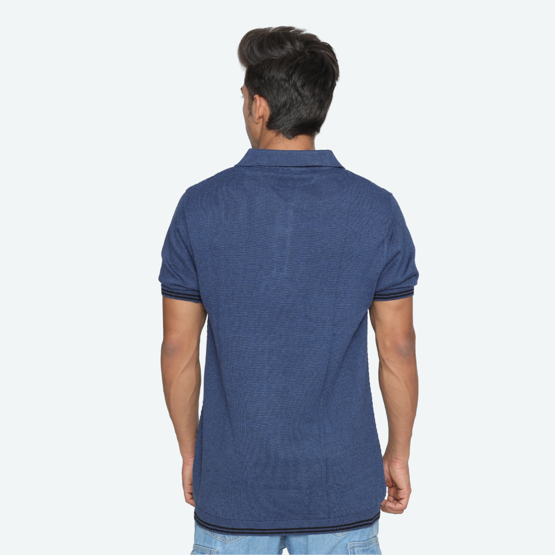 Navy Structured Cotton Polo Knitted T-Shirt