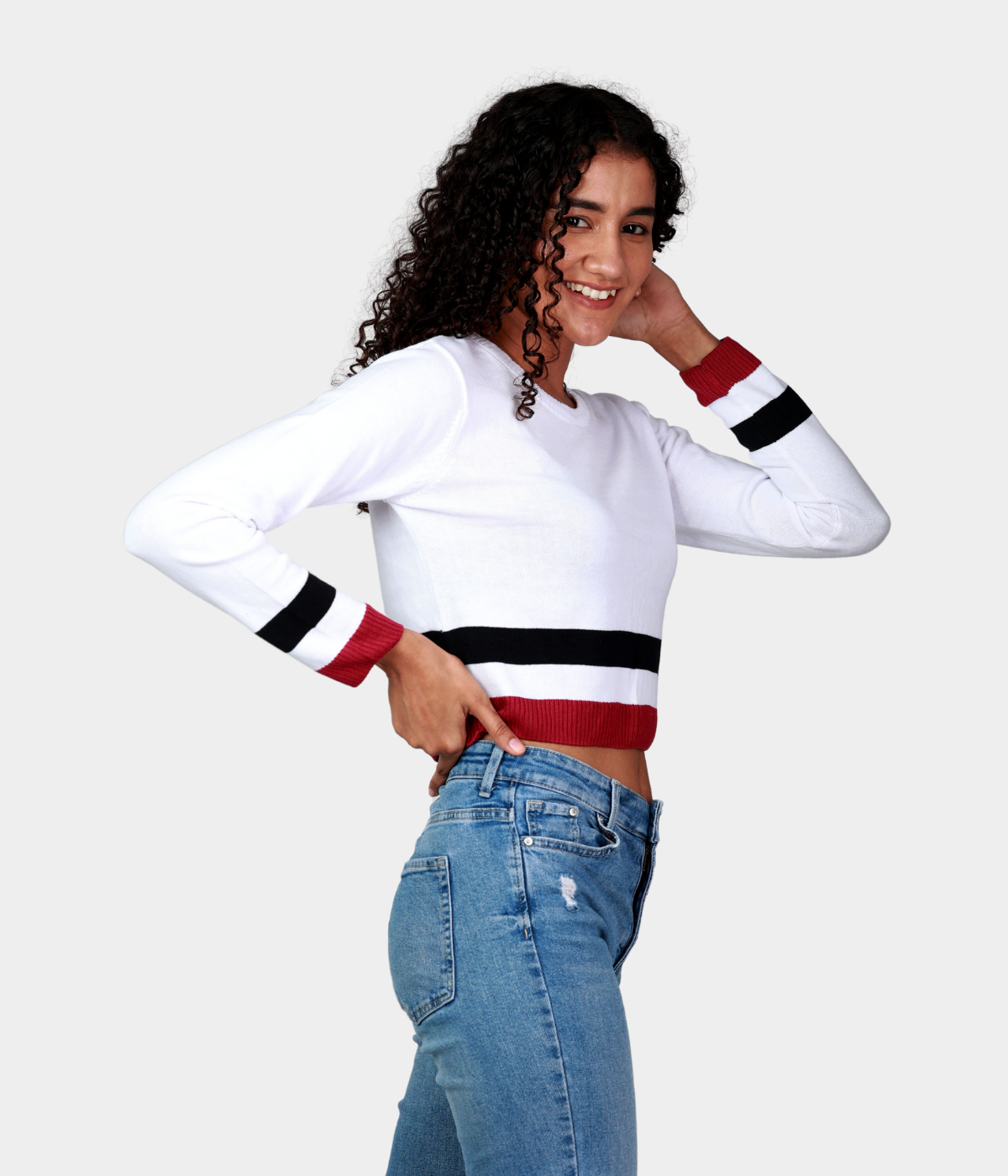 White Striped Structured Full Sleeves Knitted Top