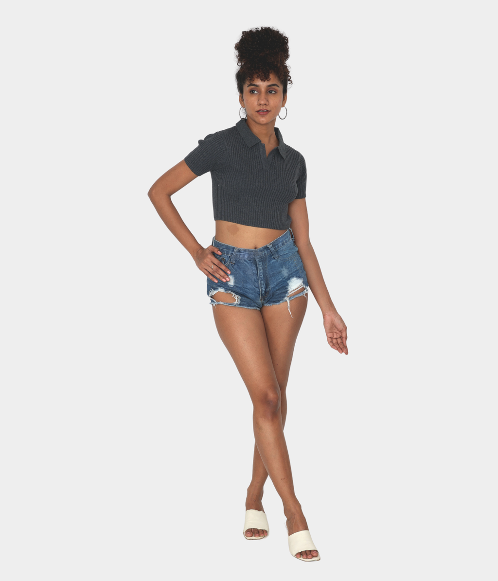 Anthra Polo – Half Sleeves Ribbed Knitted