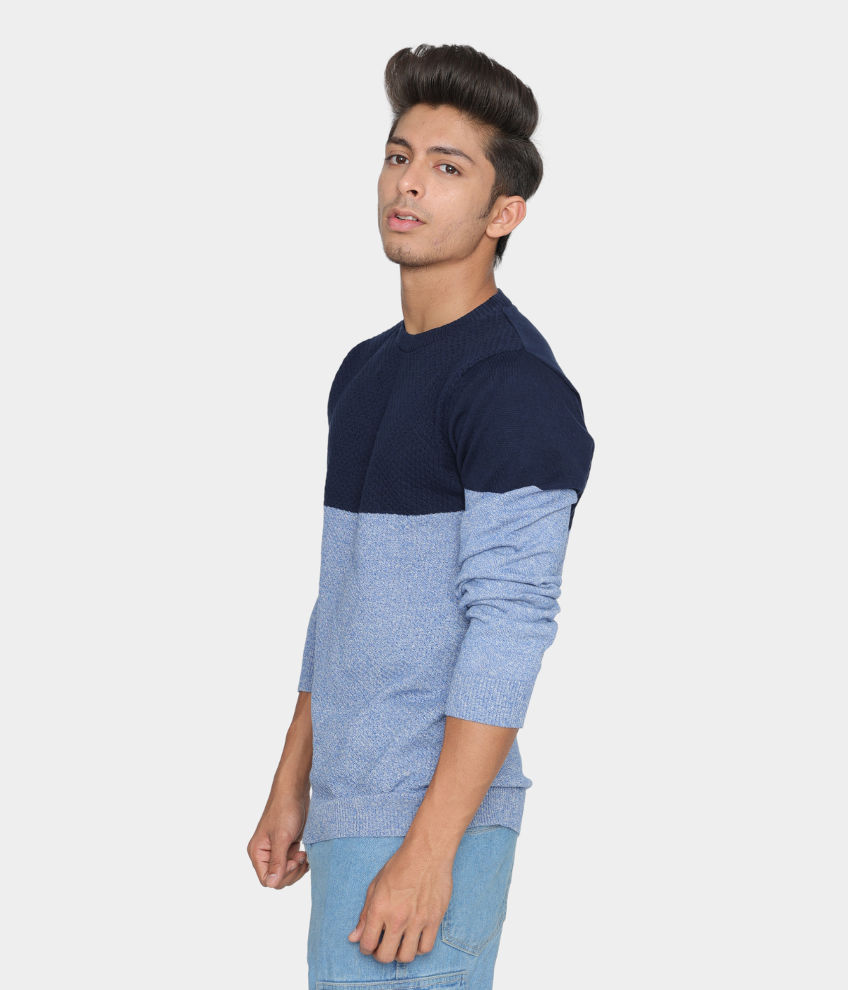 Navy light blue structured cotton knitted T-Shirt