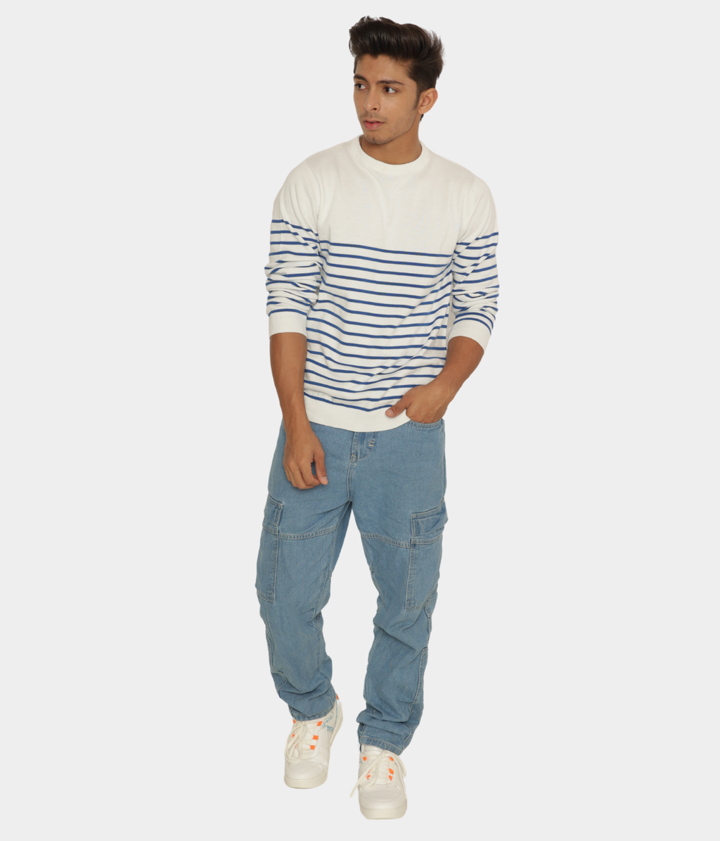 OFF WHITE BLUE STRIPED PREMIUM COTTON FULL SLEEVES T-SHIRT