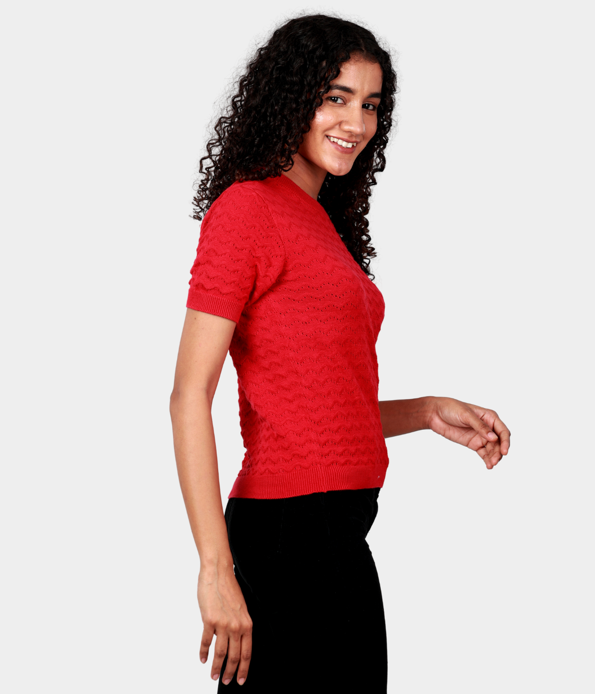 Red Pointelle Half Sleeves Knitted Top