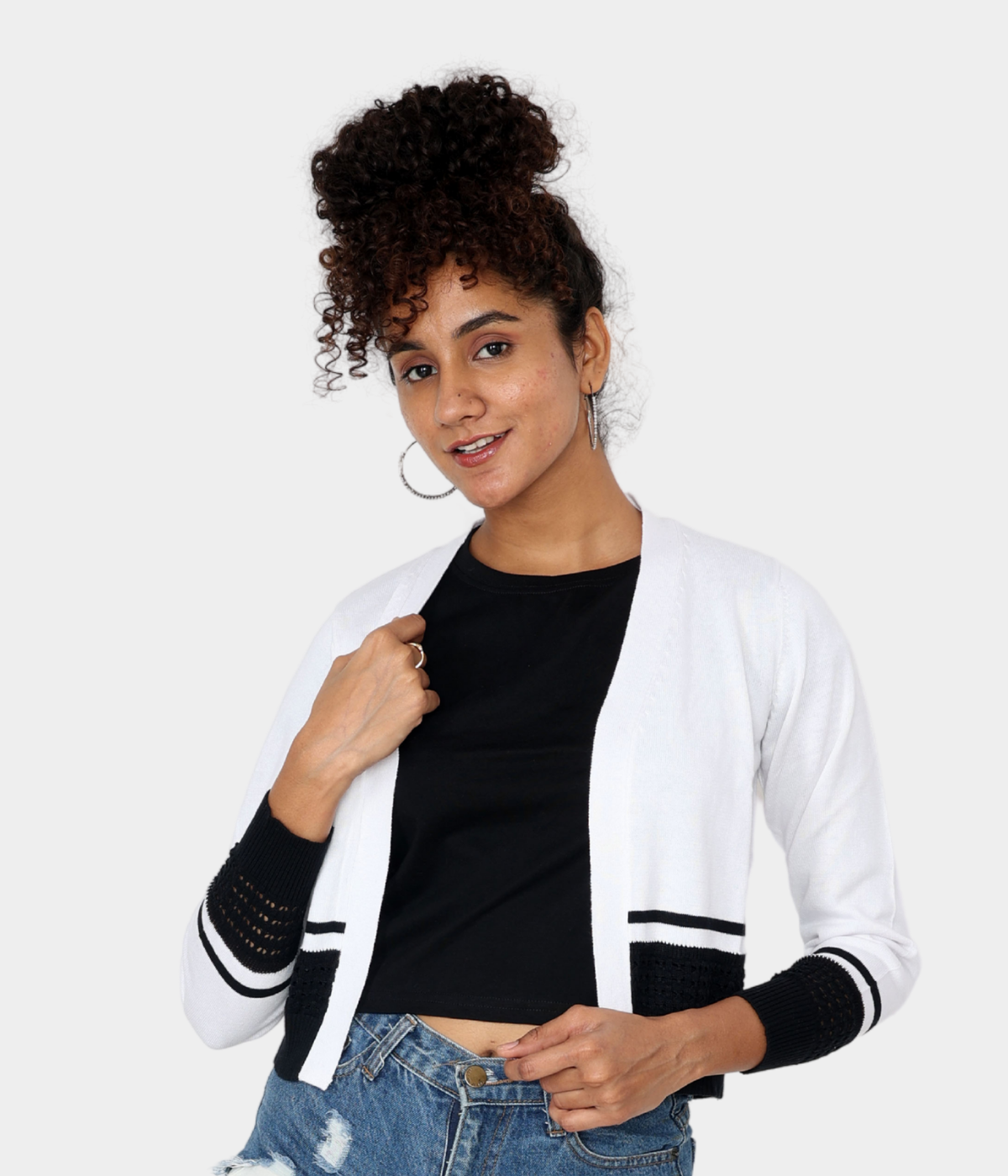 White with Black Pointelle Bottom Knitted Shrug