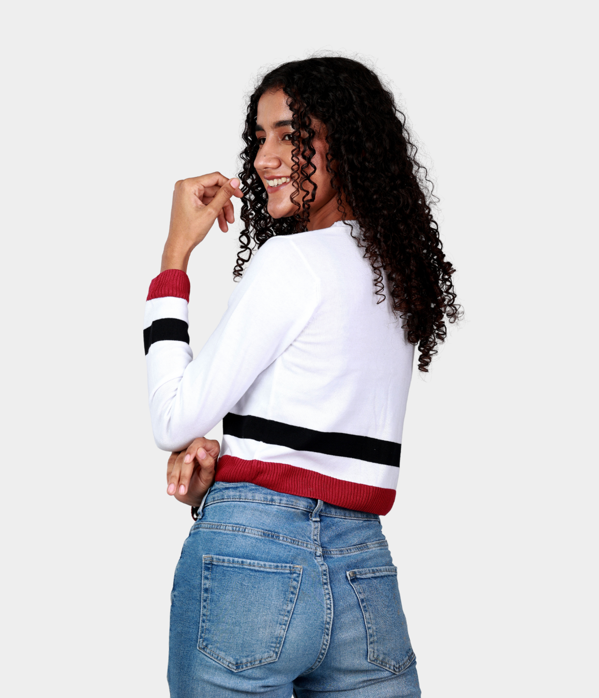 White Striped Structured Full Sleeves Knitted Top