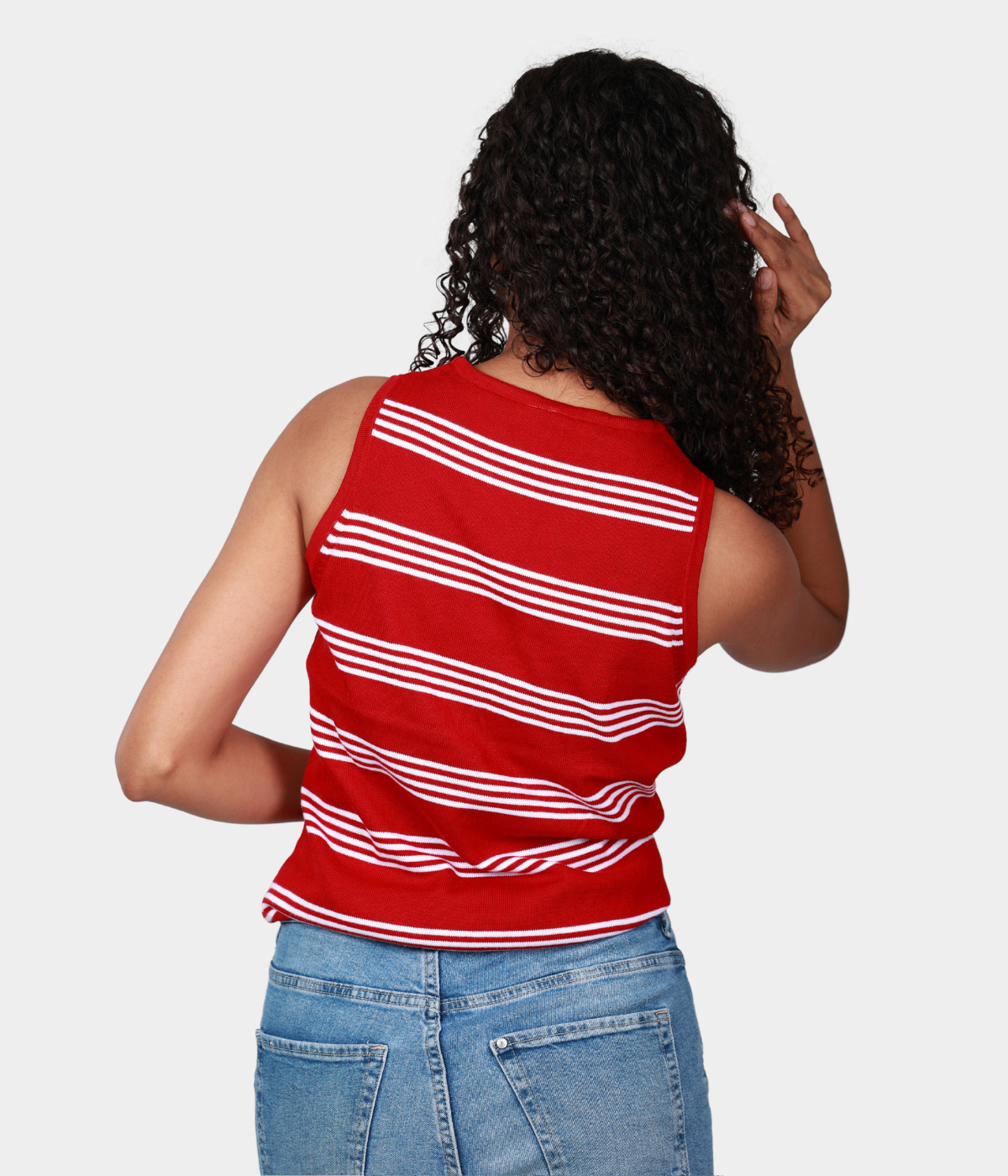 Red with White Stripes Round Neck Sleeveless Knitted