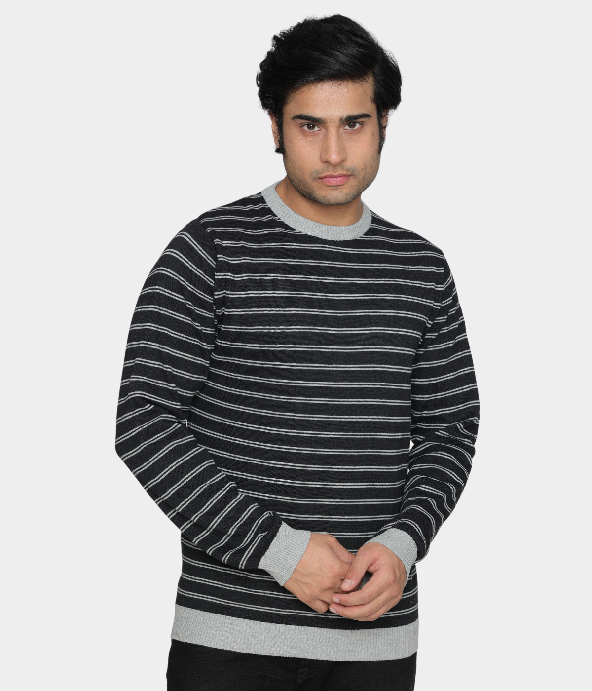 Black striped structured cotton knitted T-shirt
