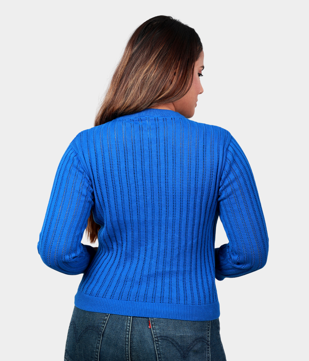 Blue Round Neck Pointelle Structured 3/4 Sleeves  Crop Top