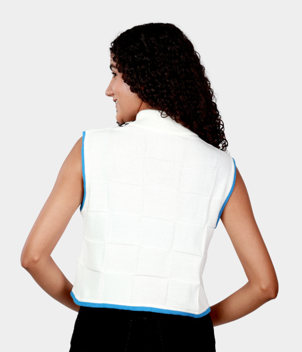 White with Light Blue Tipping High Neck Sleeveless Knitted