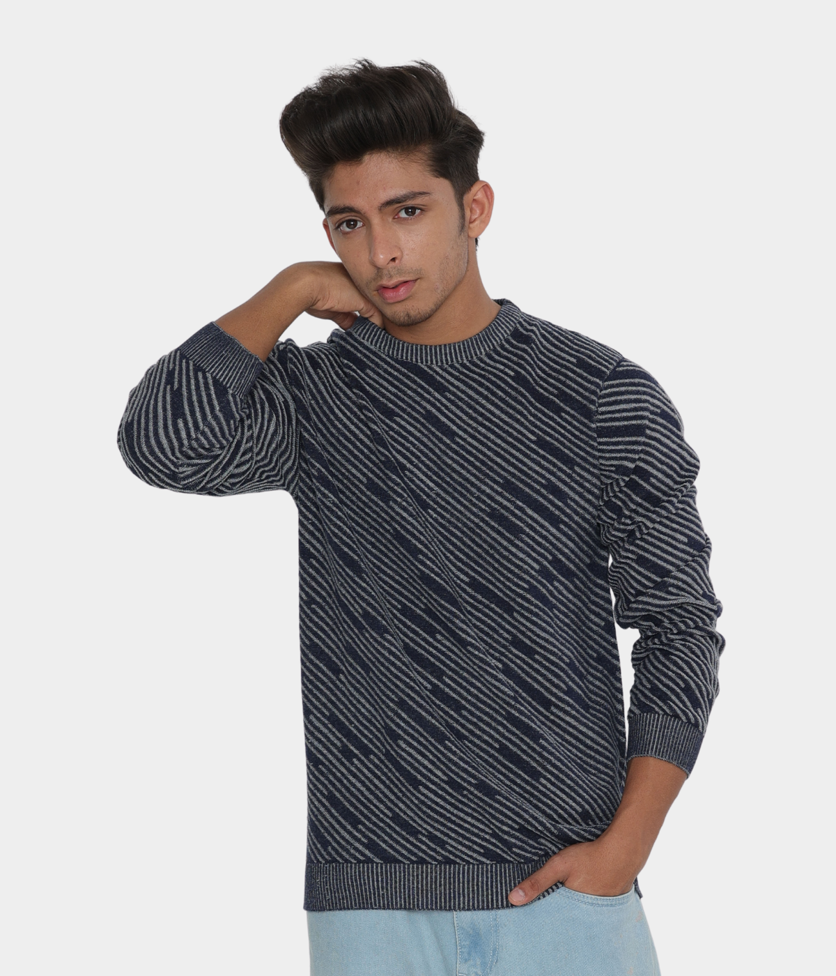 Navy with Grey Structured strips Denim Finished Jacquard Knitted T-Shirt