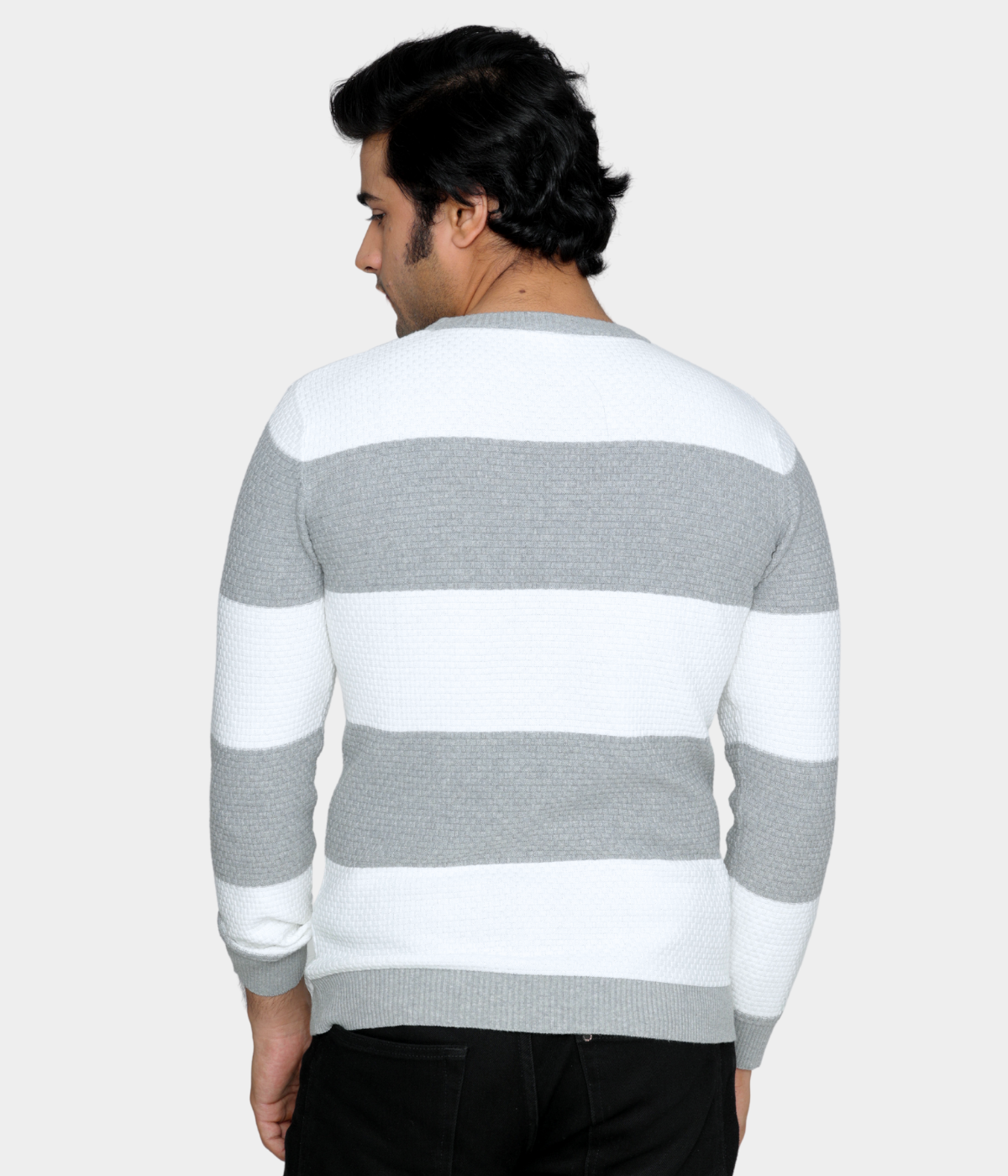 White and Grey Striped Knitted Cotton T shirt