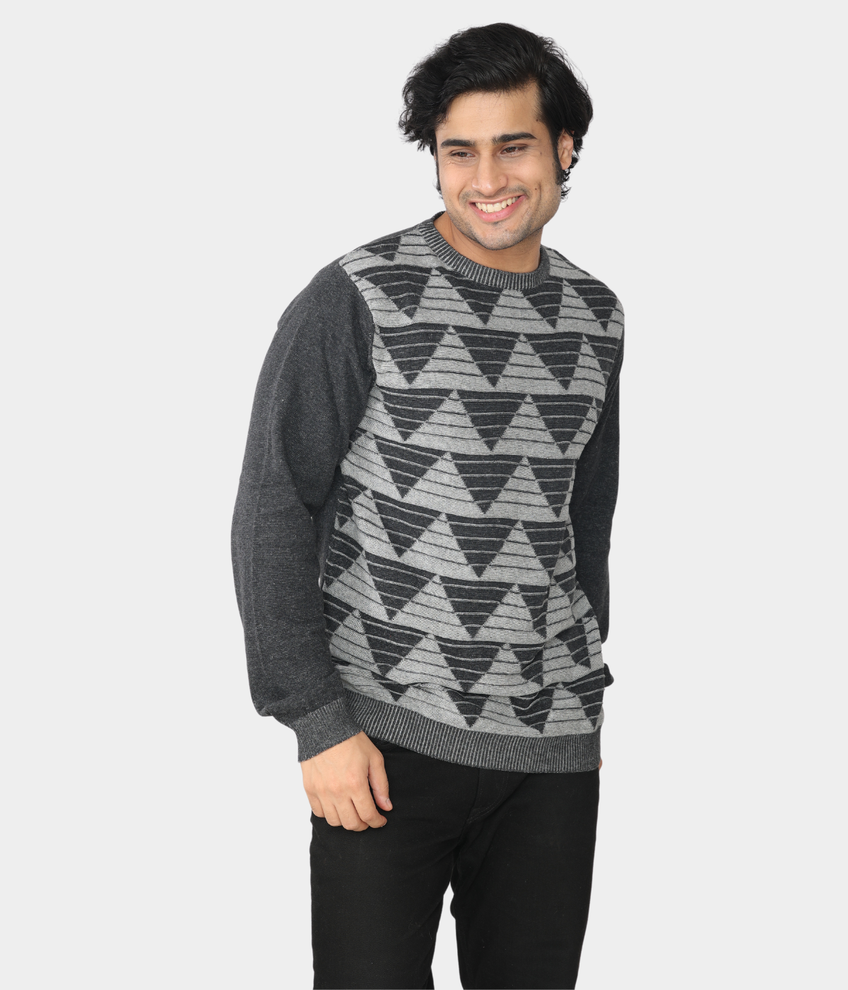 Charcoal grey denim finished jacquard knitted cotton T-Shirt