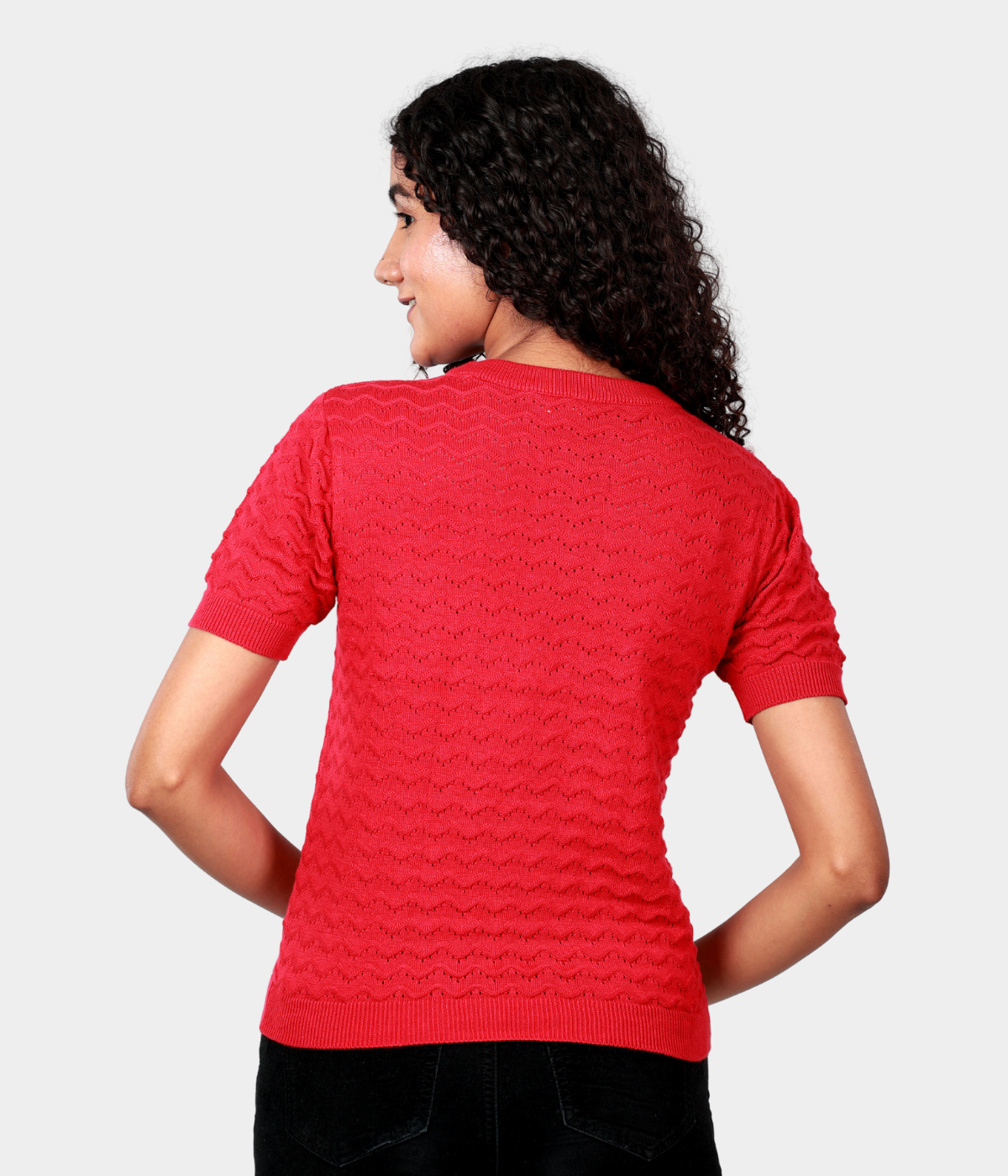 Red Pointelle Half Sleeves Knitted Top