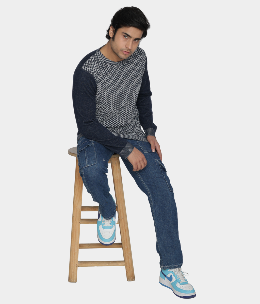 Navy Structured Knitted Cotton T-Shirt