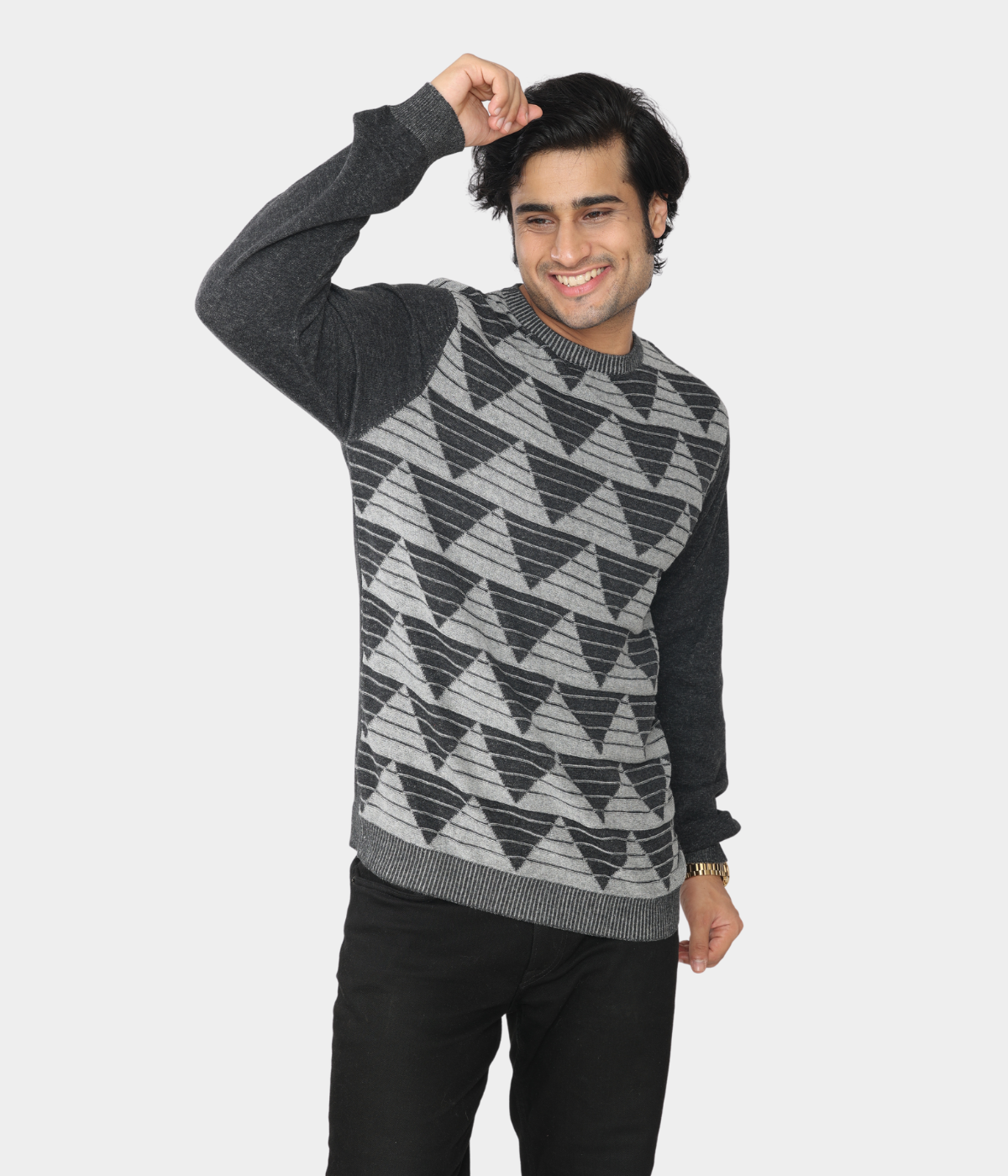 Charcoal grey denim finished jacquard knitted cotton T-Shirt