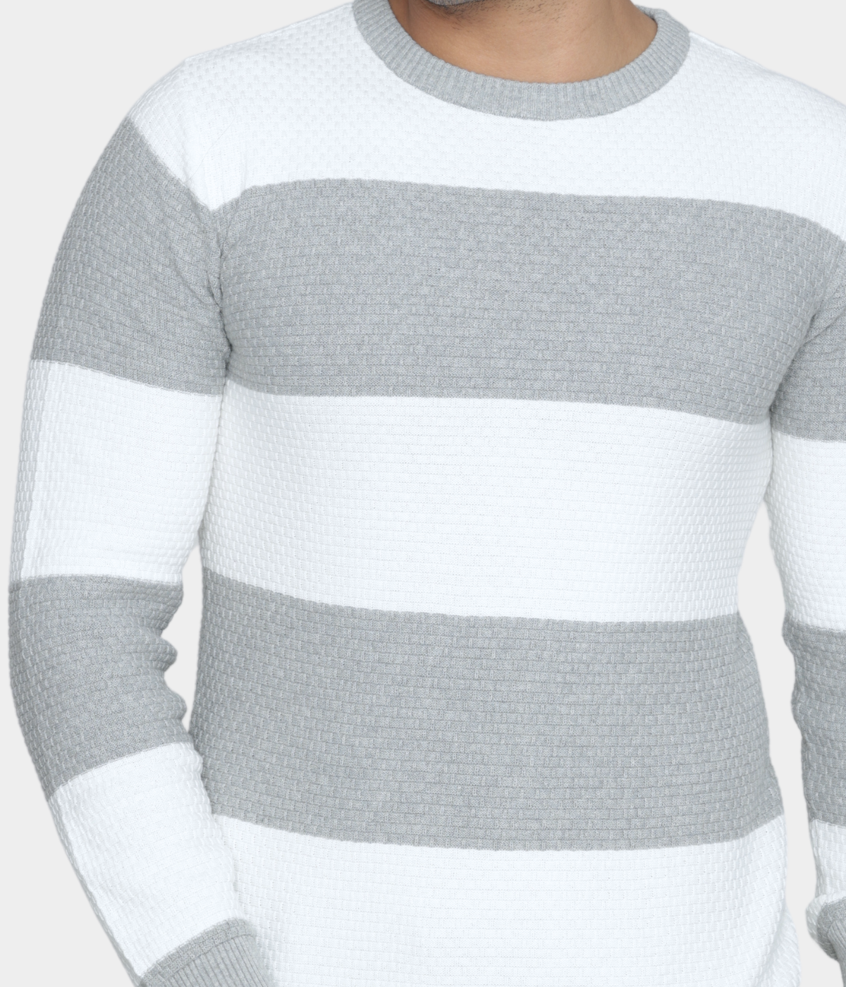White and Grey Striped Knitted Cotton T shirt