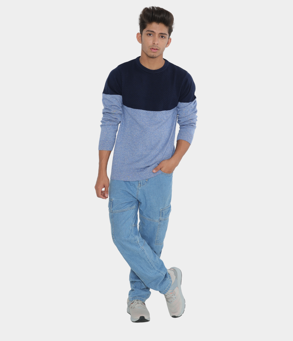 Navy light blue structured cotton knitted T-Shirt