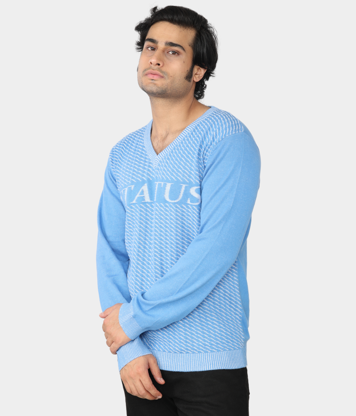 Blue & White Cotton Denim-Look Knitted Long Sleeves T-Shirt