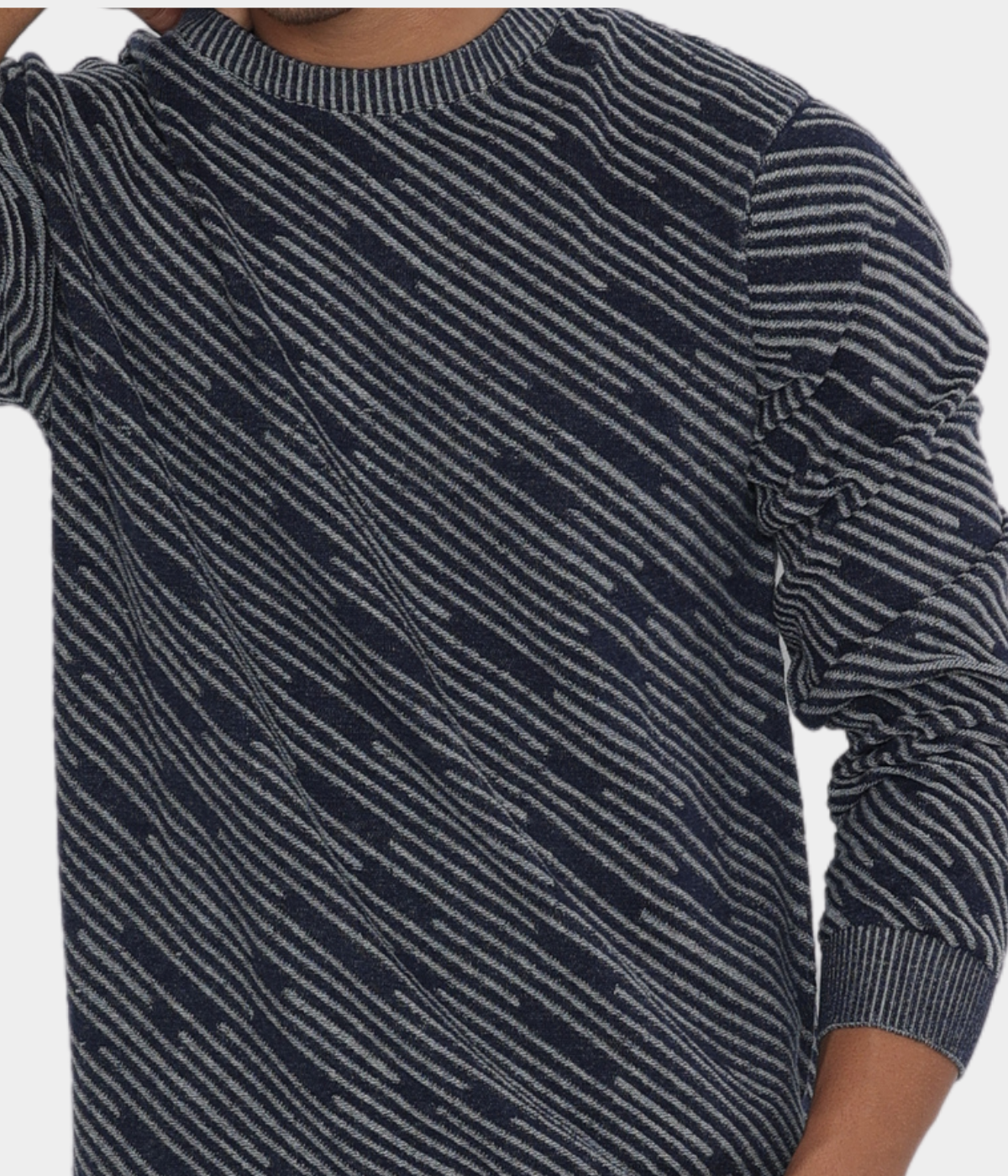 Navy with Grey Structured strips Denim Finished Jacquard Knitted T-Shirt