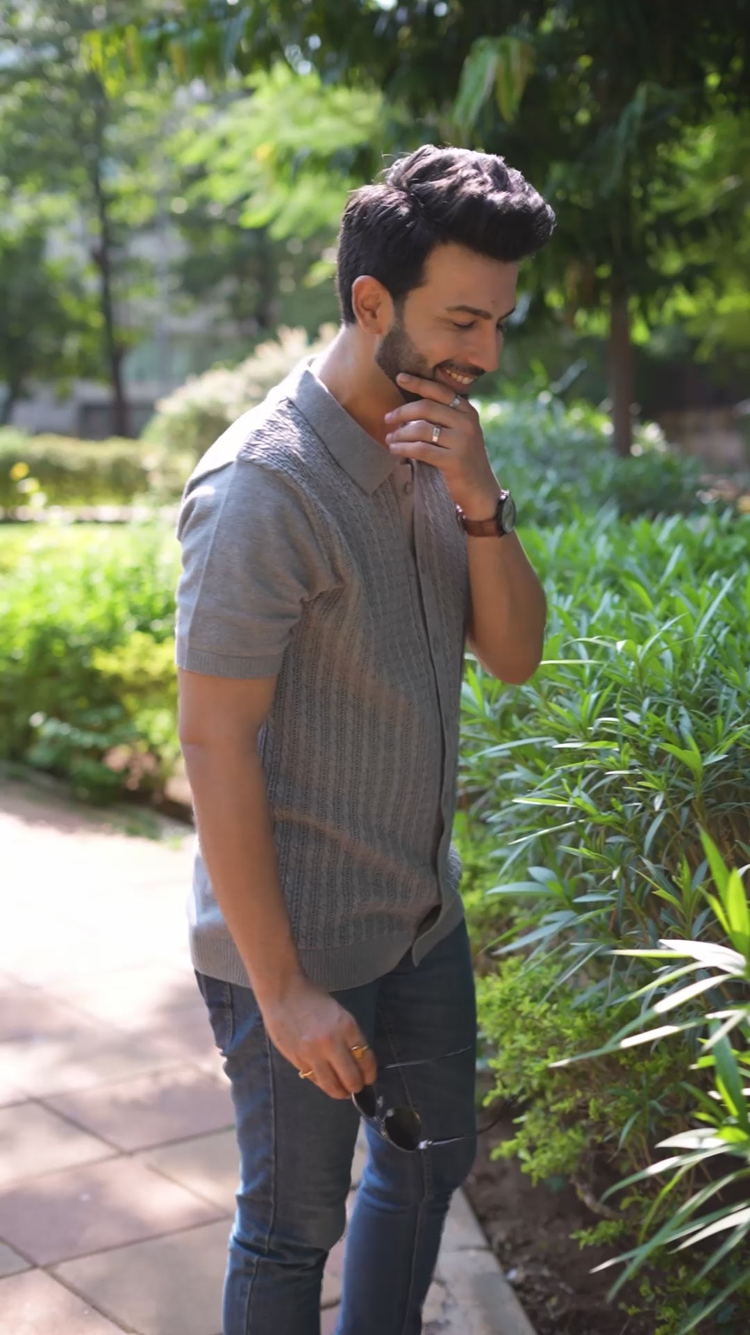 Grey Pointelle Knitted Cotton Shirt