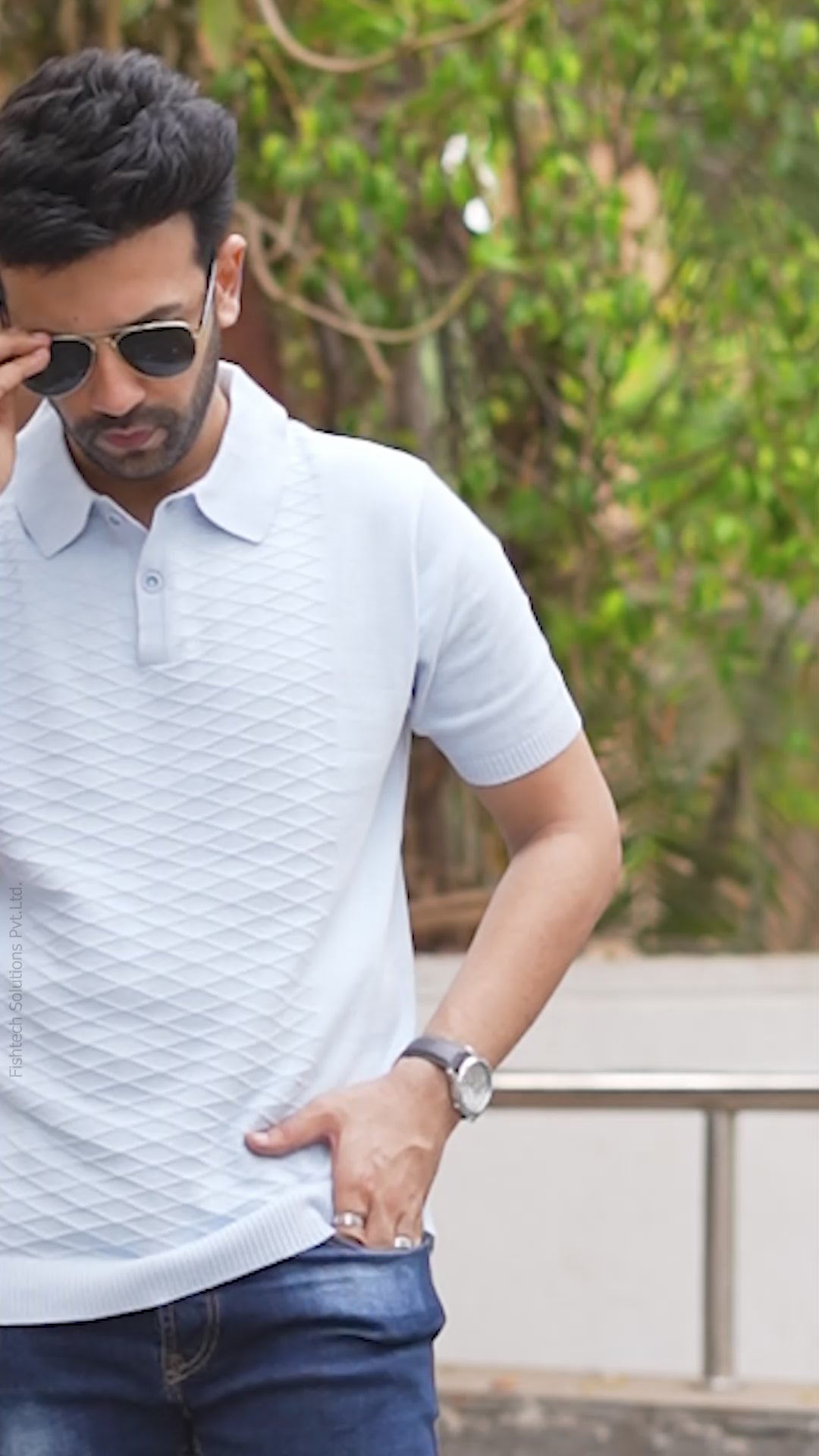 Sky Blue Textured Knitted Cotton Polo T-Shirt