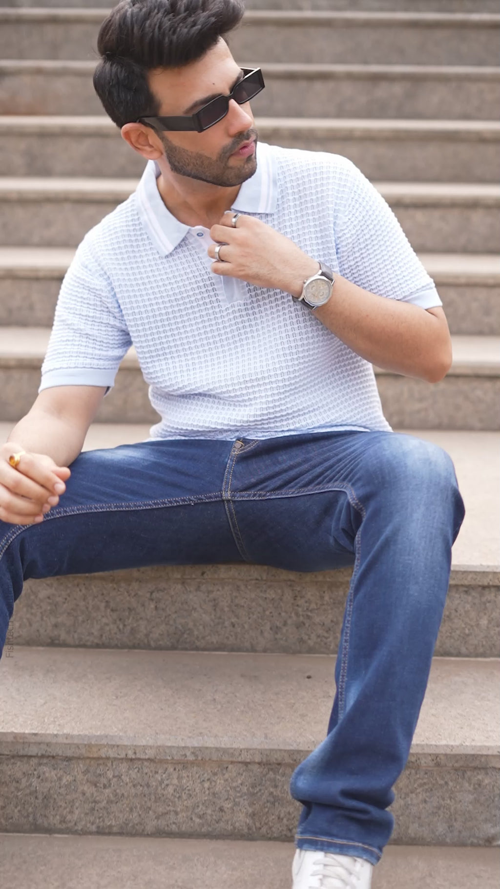 Blue & White Pointelle Knitted Polo T-Shirt