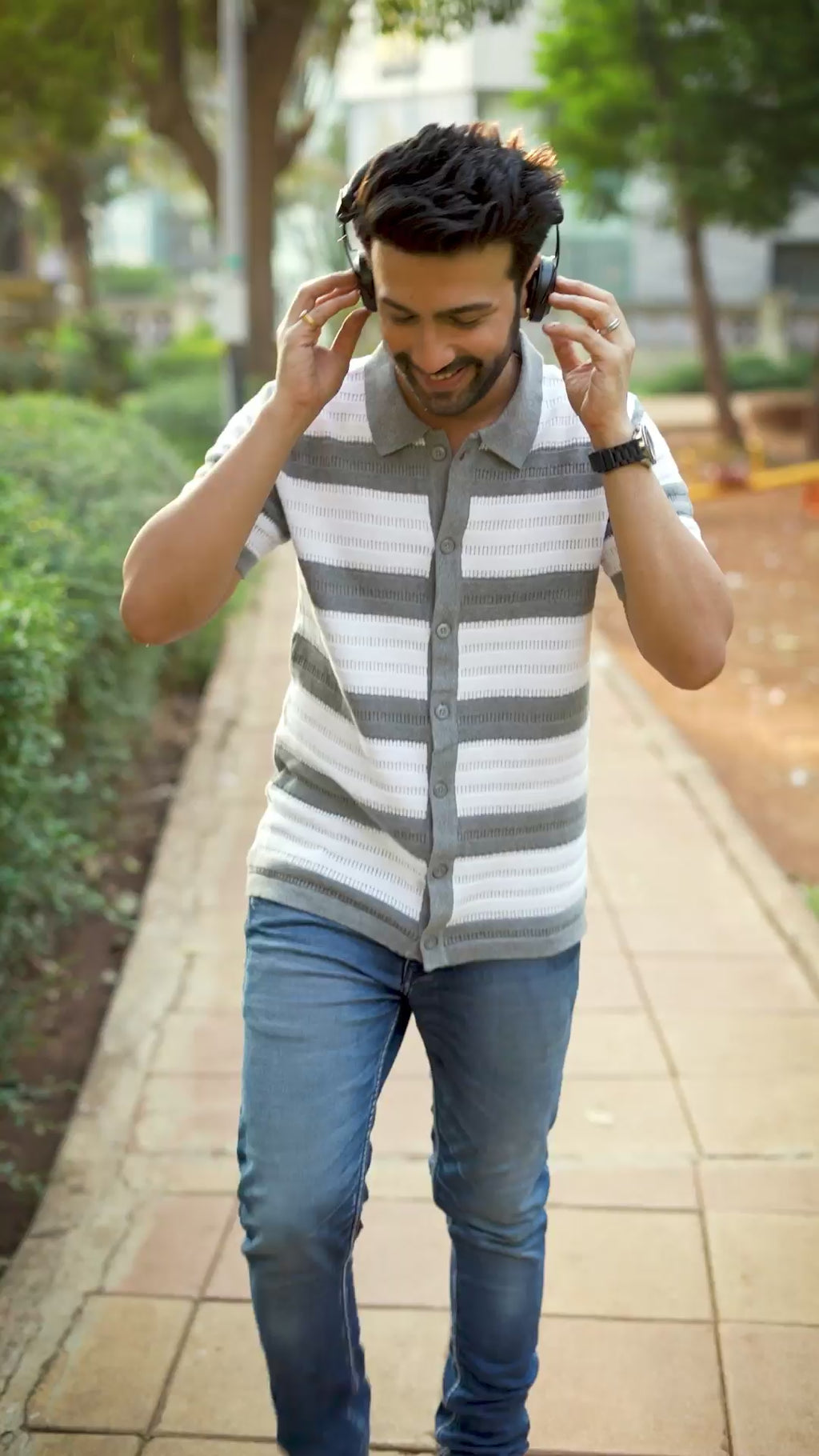 White & Grey Pointelle Knitted Shirt