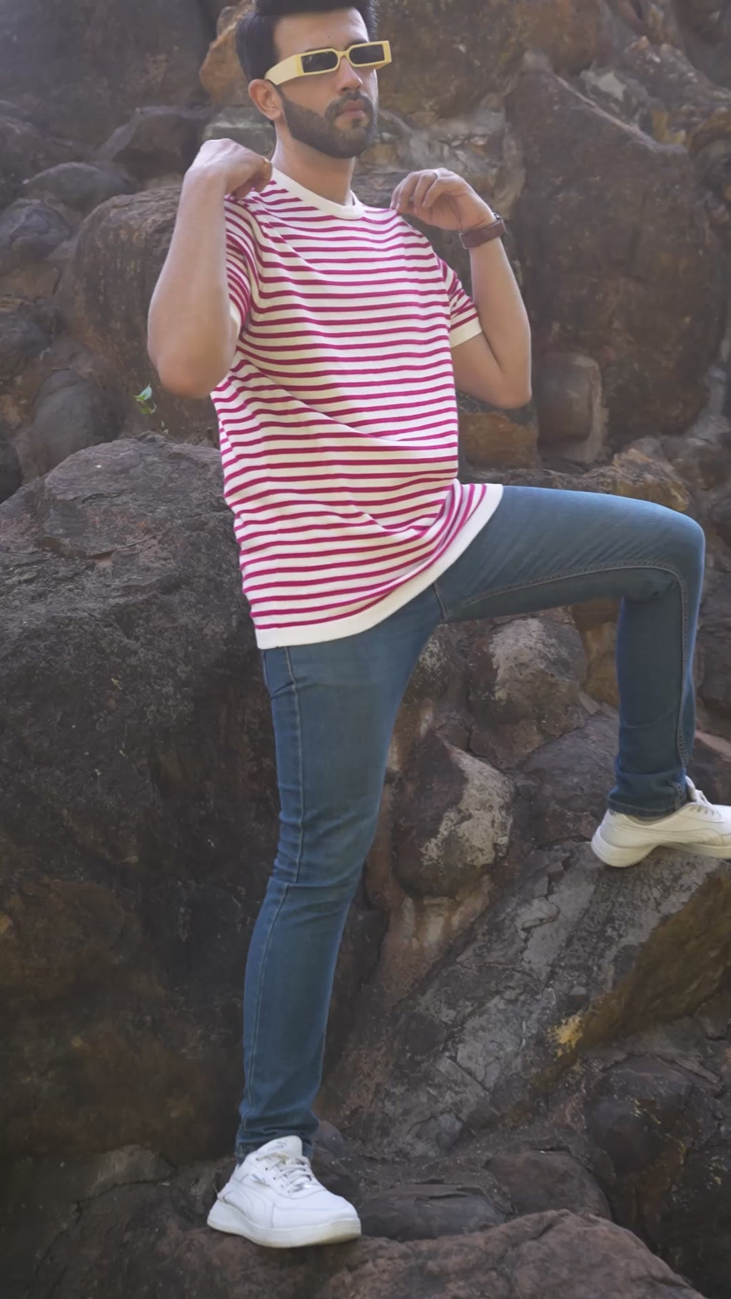 Off-White Round Neck Knitted T-Shirt with Rani Stripes